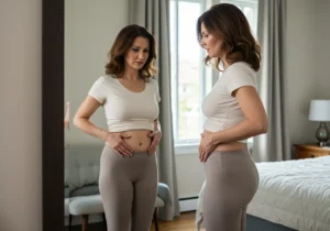 Woman noticing stubborn fat areas around her belly in the mirror